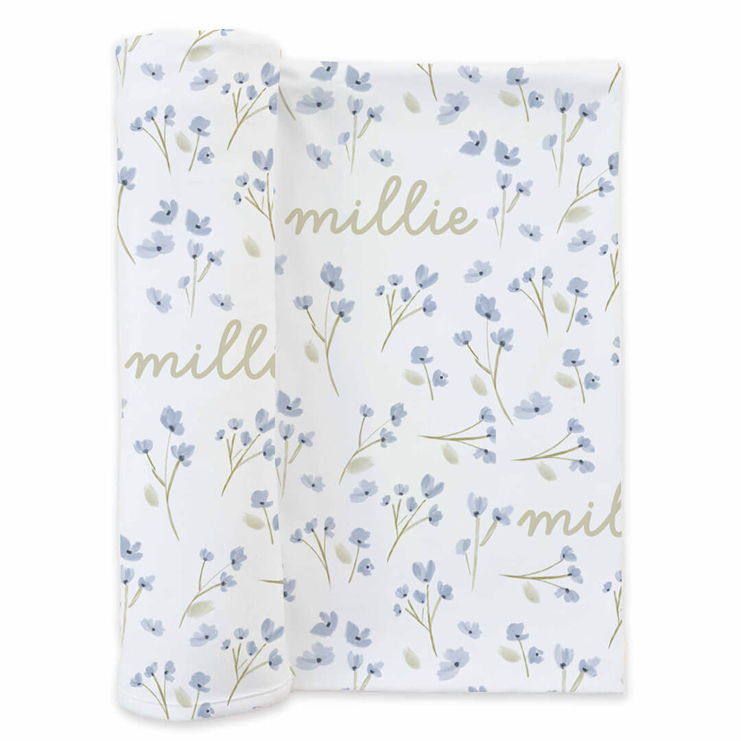 blue floral baby girls swaddle blanket green name 