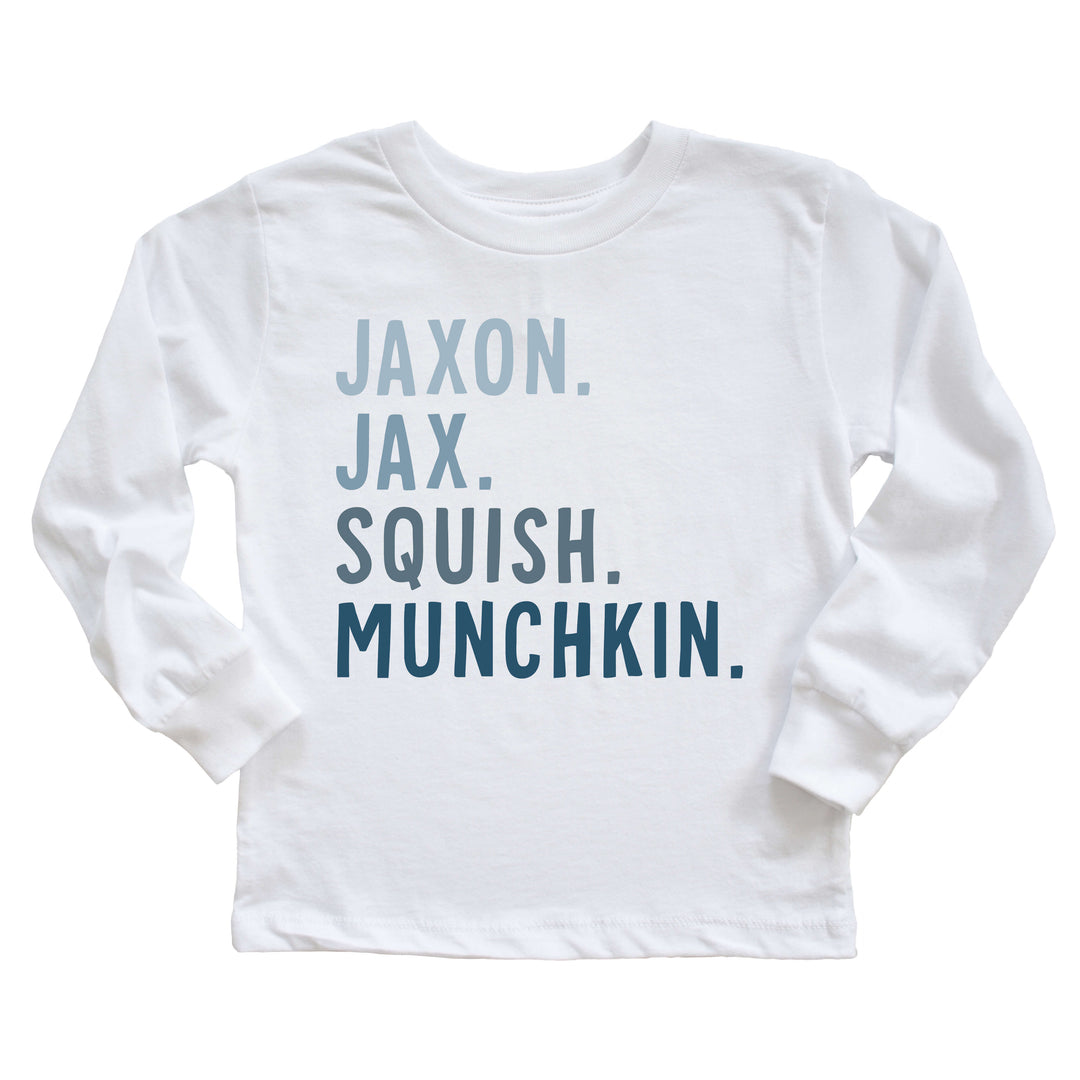 white long sleeve nickname tee with blue lettering 