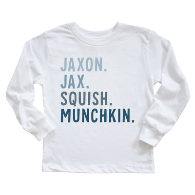 white long sleeve nickname tee with blue lettering 