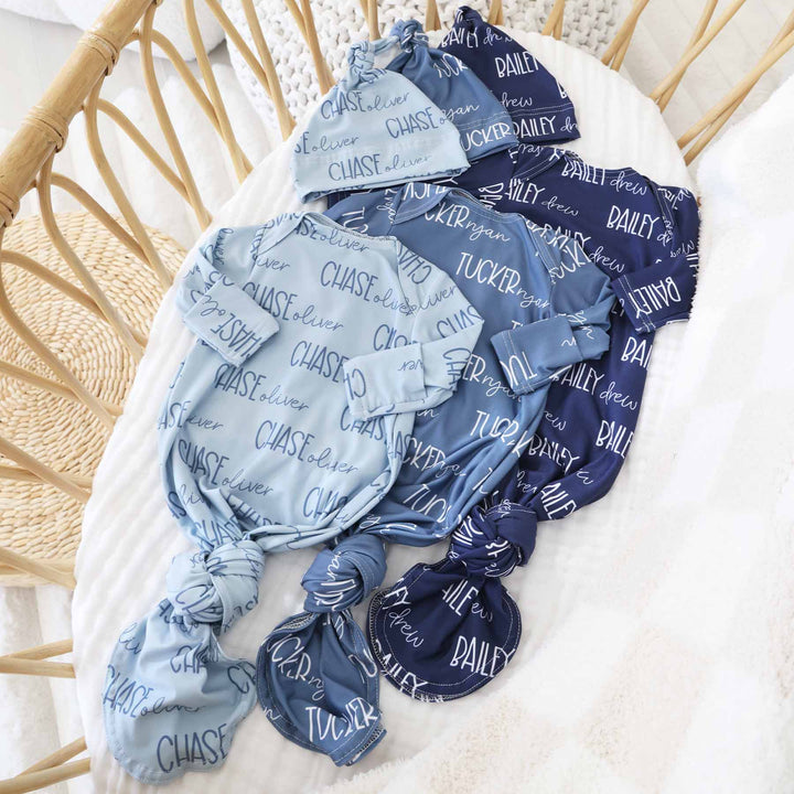 blues personalized name knot gown for babies 