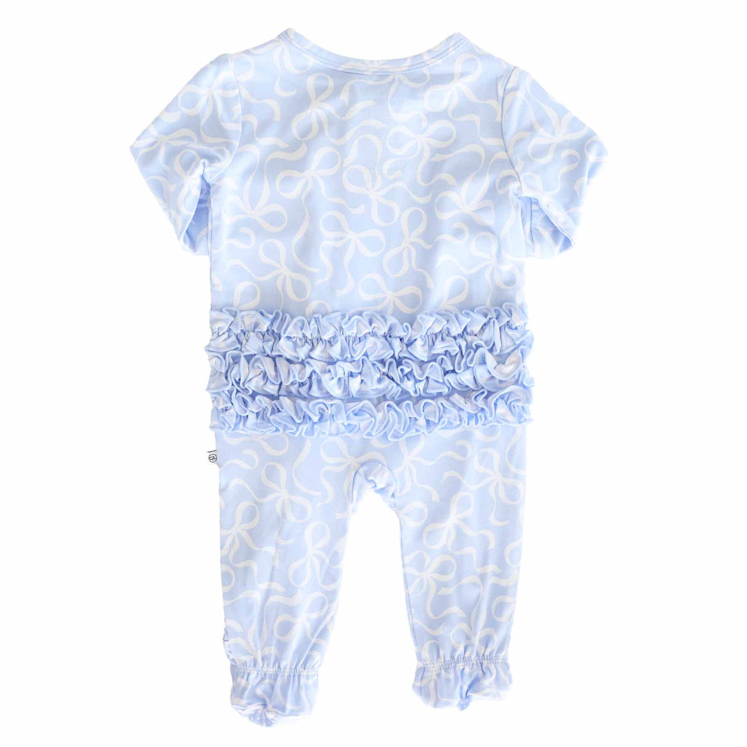 baby girls ruffle bottom footie blue and white with bows