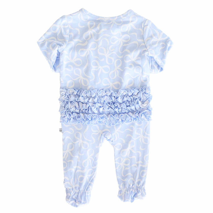 baby girls ruffle bottom footie blue and white with bows