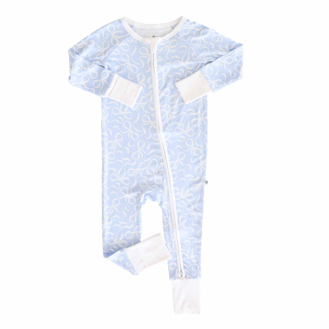 convertible zip romper pajama for baby and toddler girls white bow and light blue