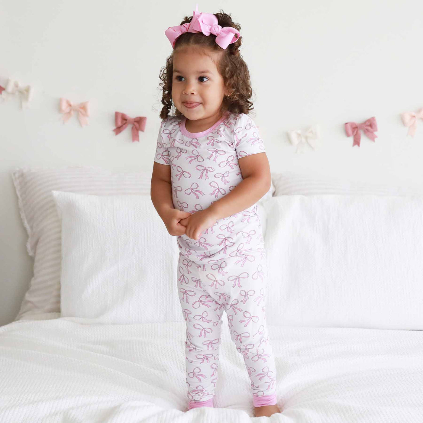 white bamboo pajama set for girls with pink bows 