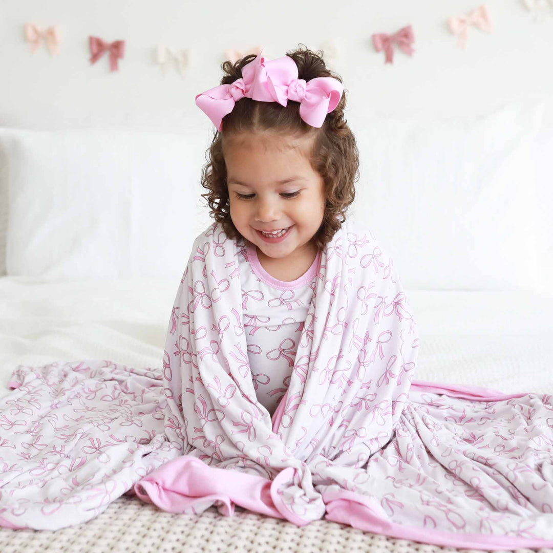 blushing bows pink and white bamboo blanket for toddlers