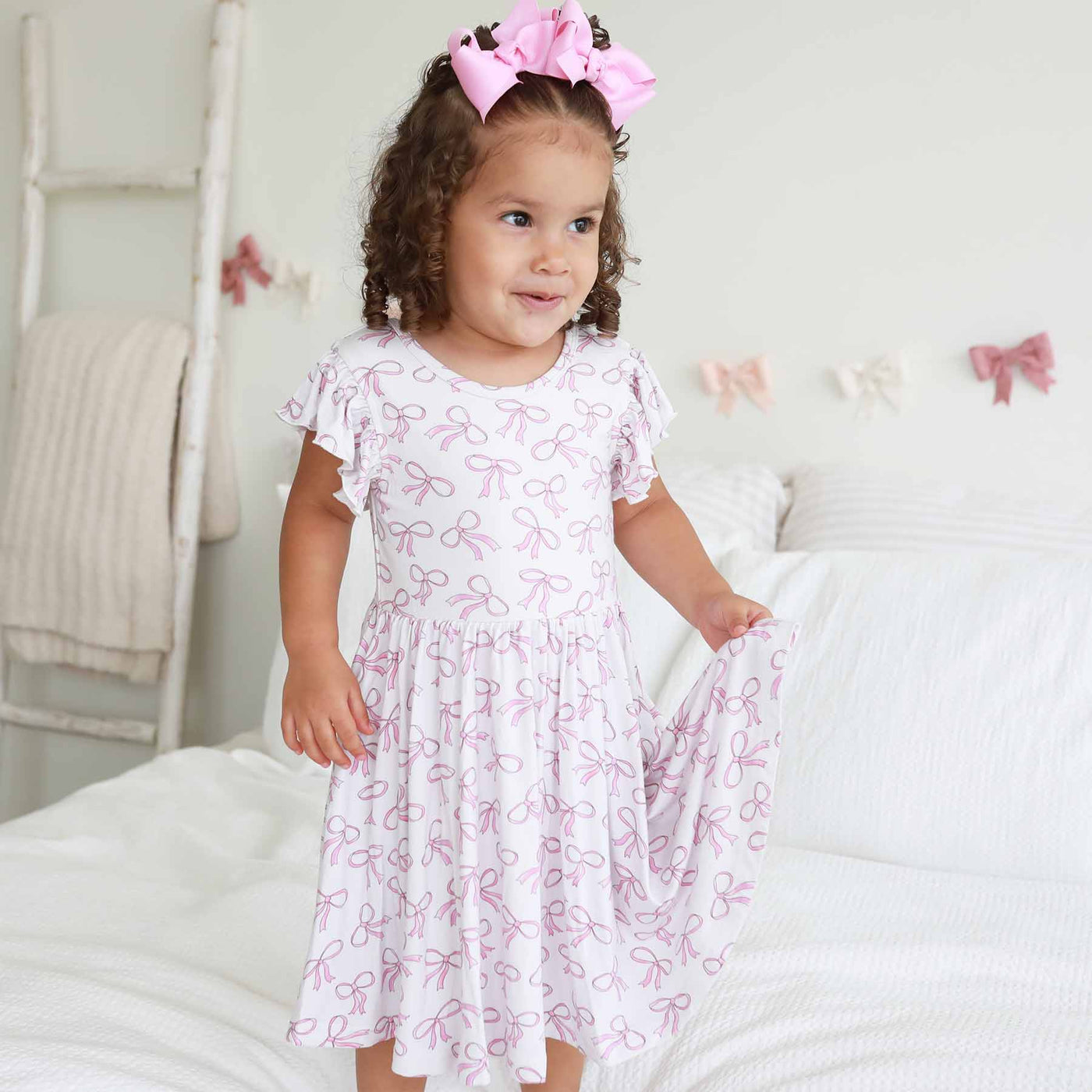 bamboo long dress for girls with pink bows 