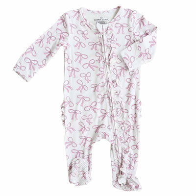 ruffle zipper footie pajamas for babies with pink bows