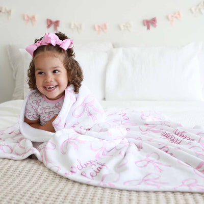 white blanket with pink bows personalized 