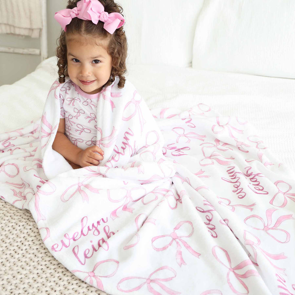 personalized kids blanket with pink bows 