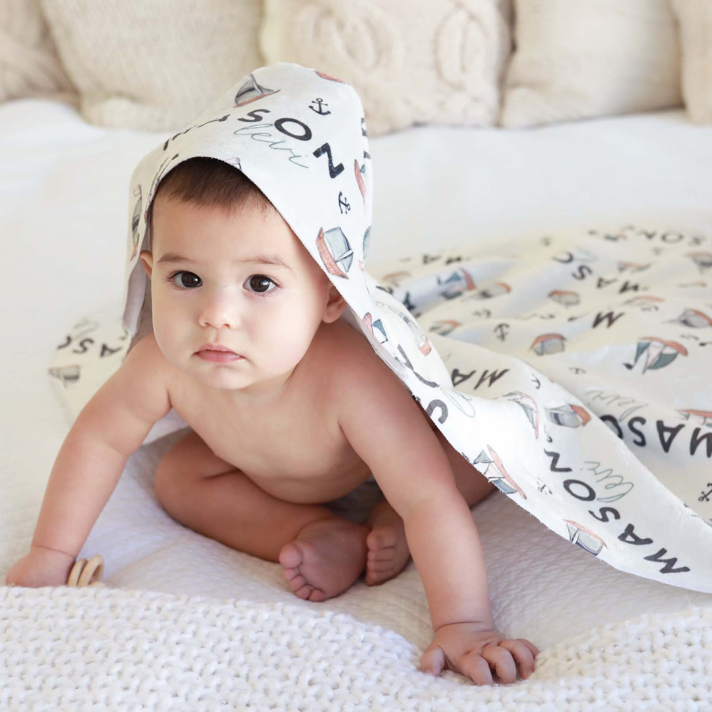 personalized hooded baby towel with boats