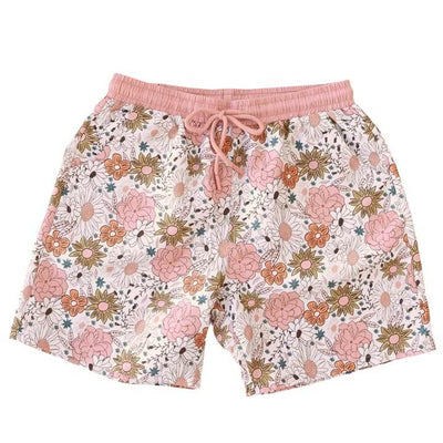 pink and yellow floral men's swim trunks 