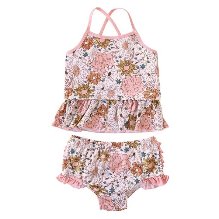 pink and yellow floral ruffle butt tankini