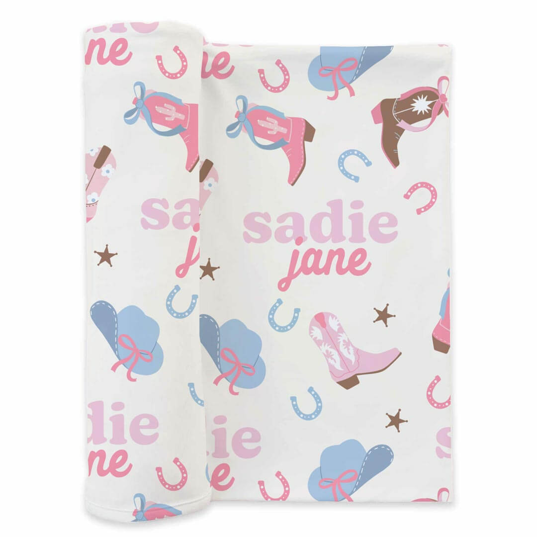 pink cowgirl personalized swaddle blanket for babies 