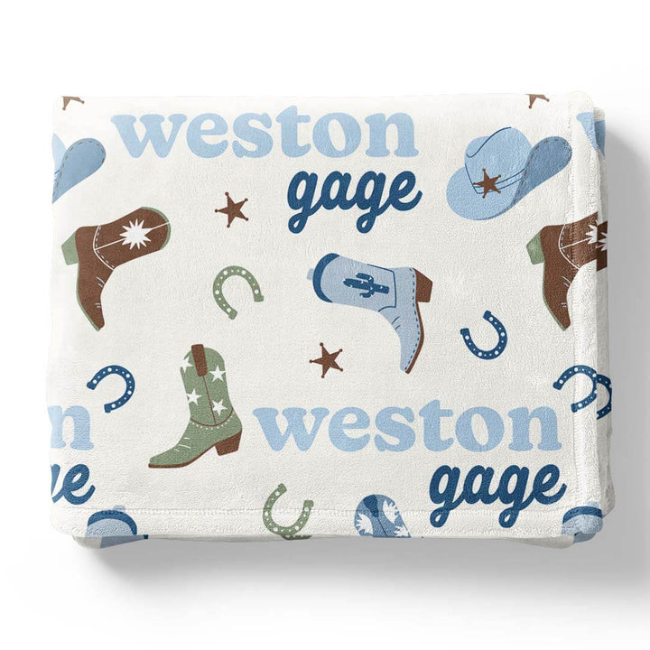 blue and green cowboy personalized blanket for kids 