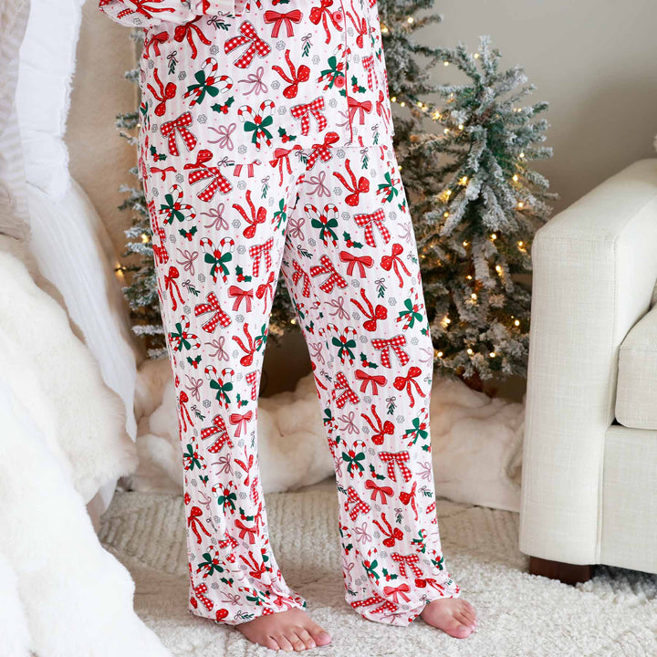 christmas bow flare pant women's collared lounge set 