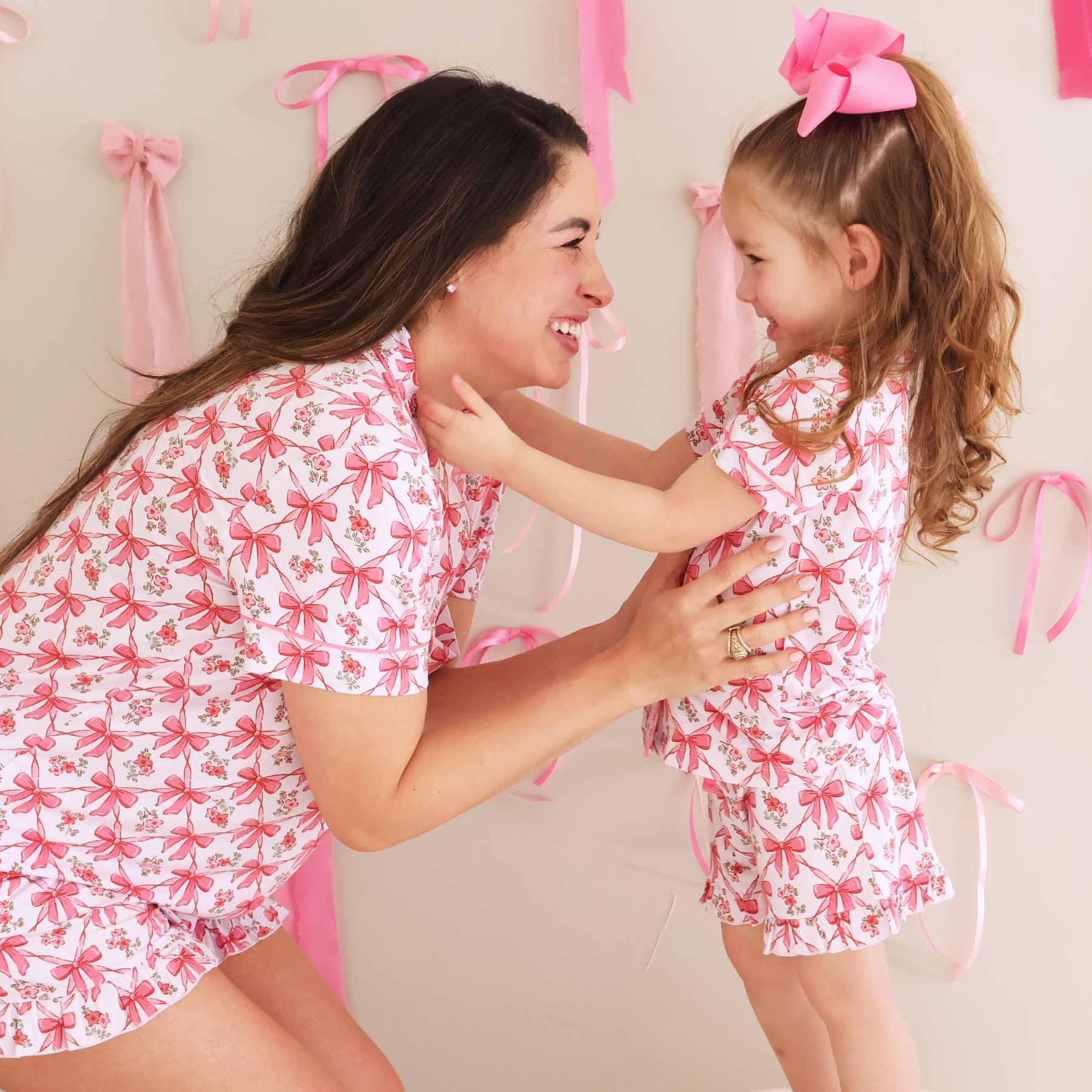 mommy and me matching pajamas in bow print
