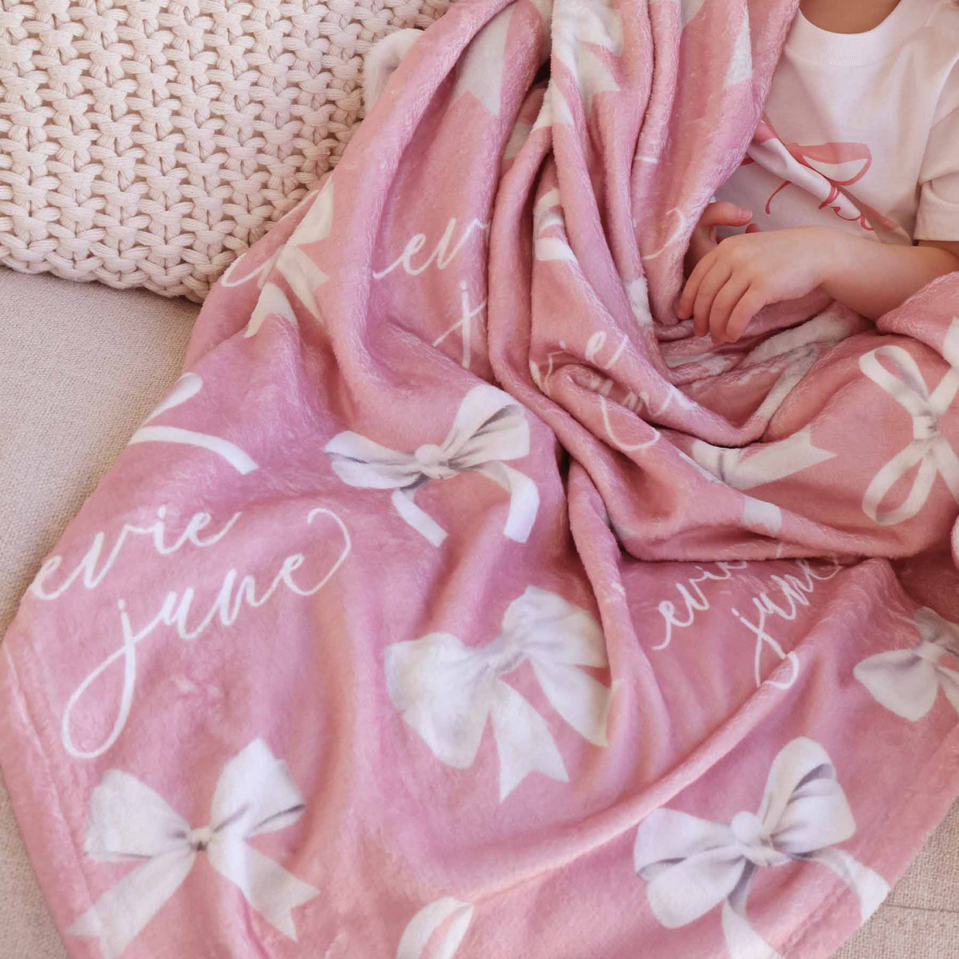 personalized blanket for kids with bows pink and white 