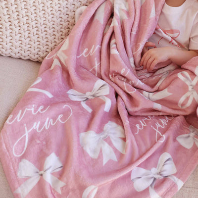 personalized blanket for kids with bows pink and white 