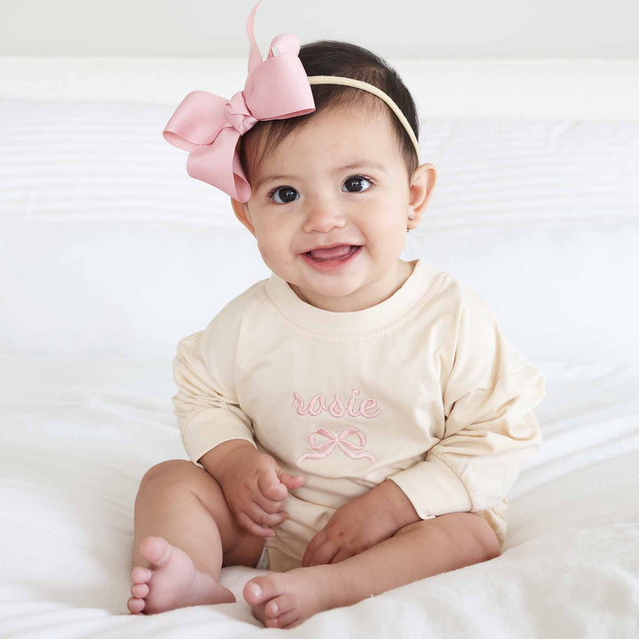 bow embroidered long sleeve bubble romper for babies 