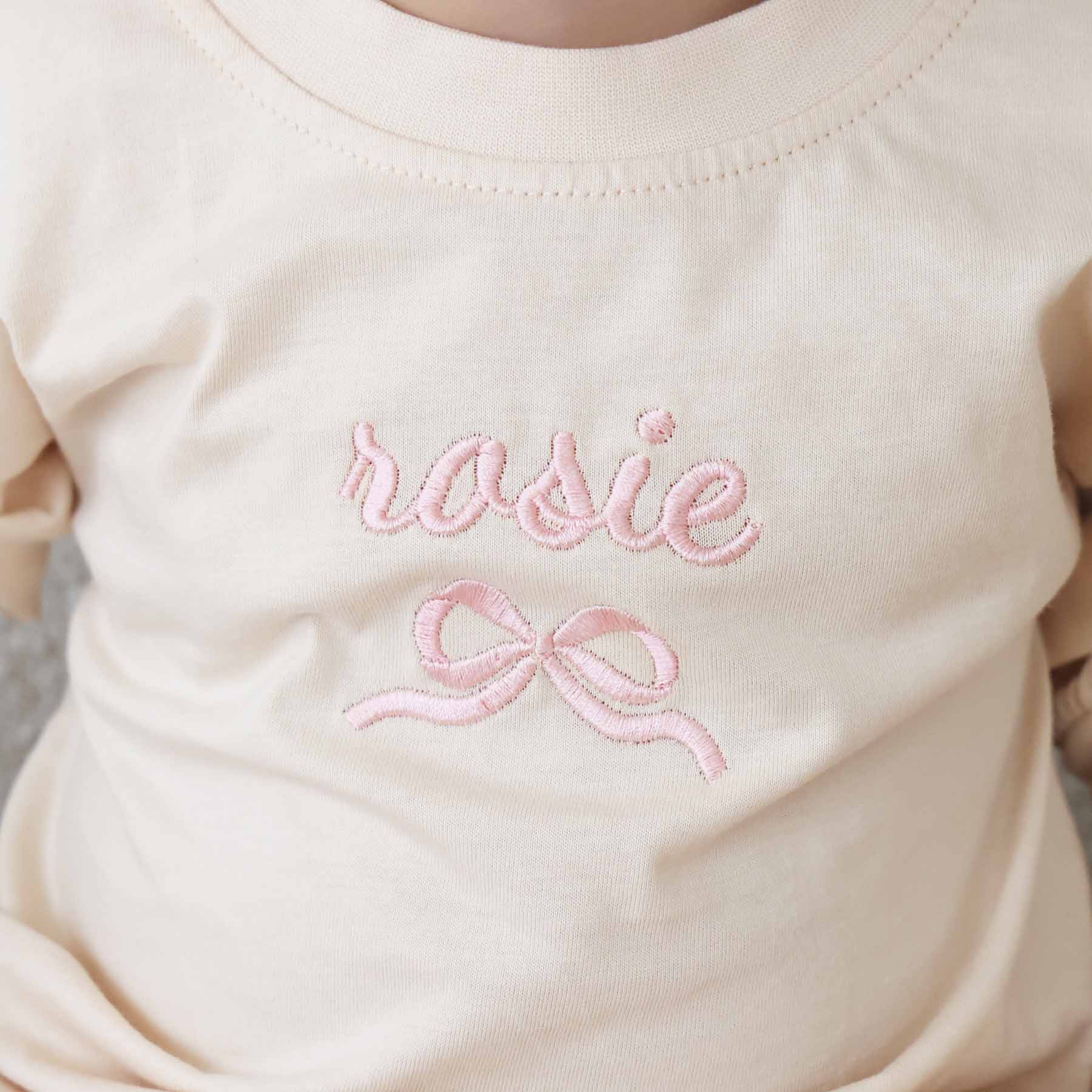 Embroidered Bow Long Sleeve Bubble Romper | Natural