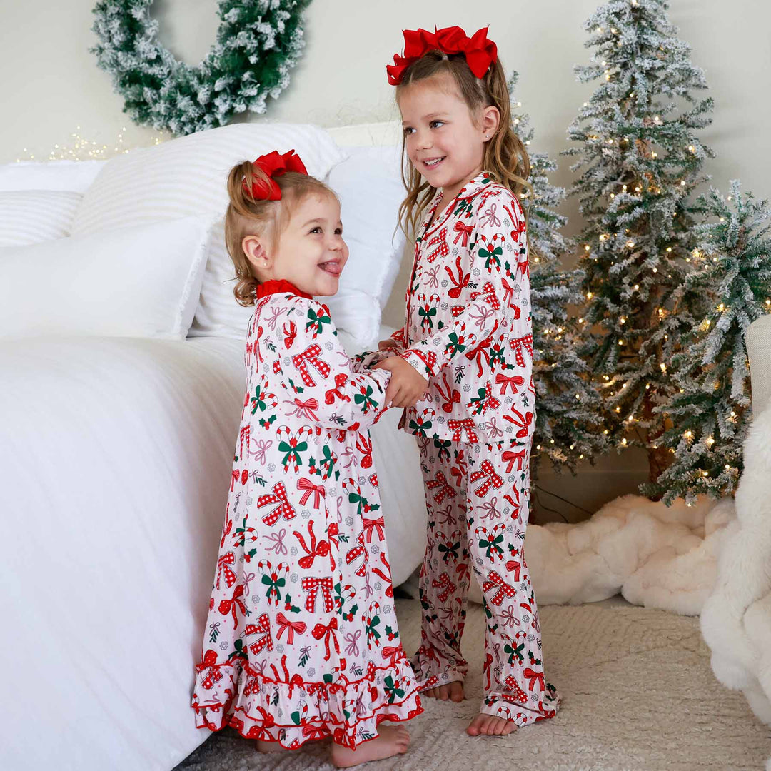 girly christmas bow matching sibling pjs