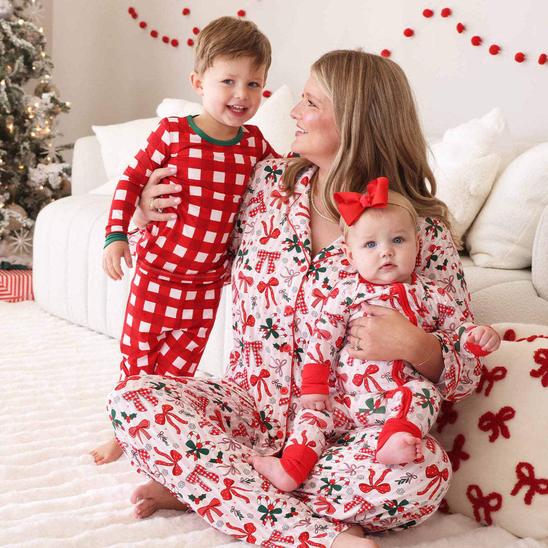 christmas bow and red check christmas pajamas family matching 
