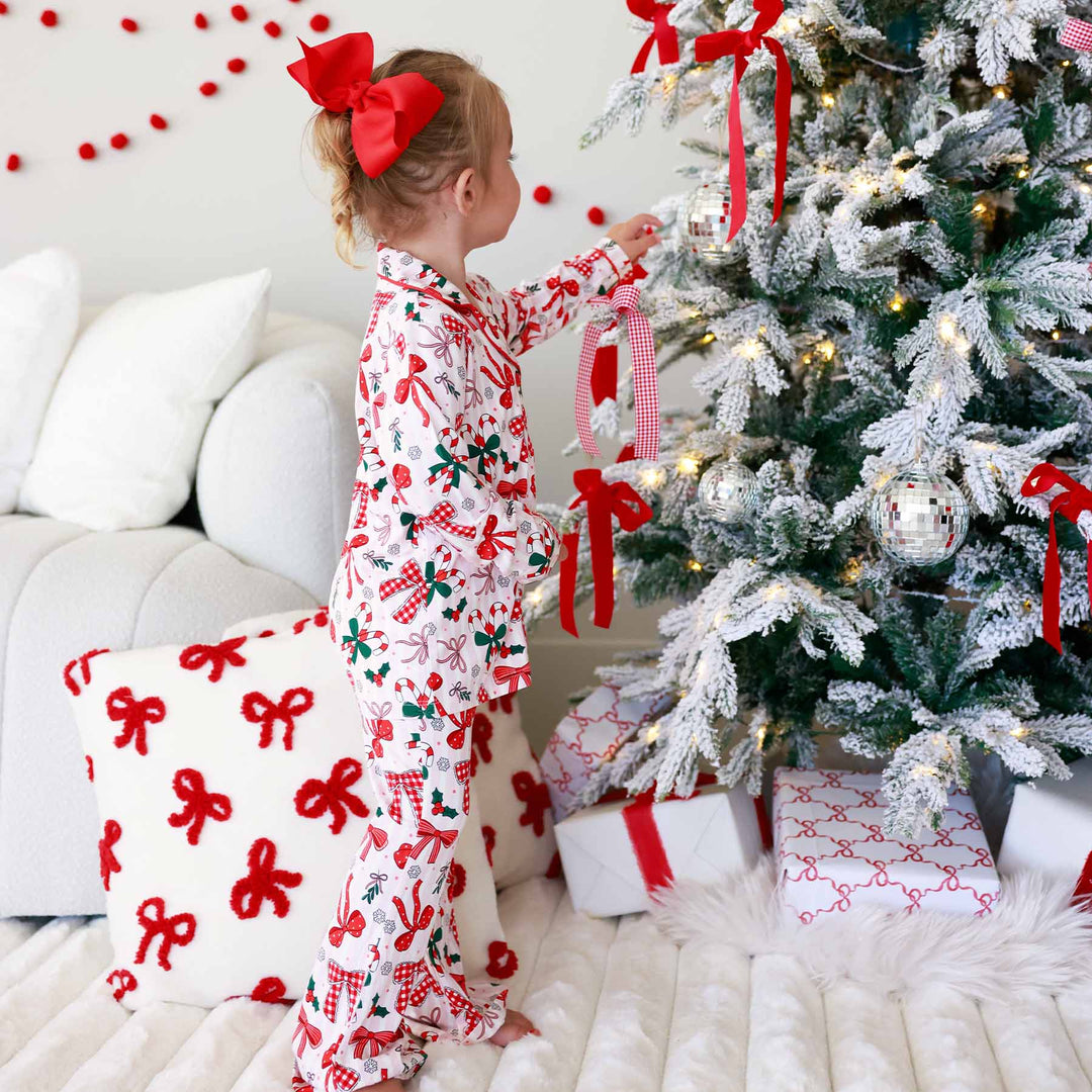 flare pant christmas lounge set for girls with bows red and pink 