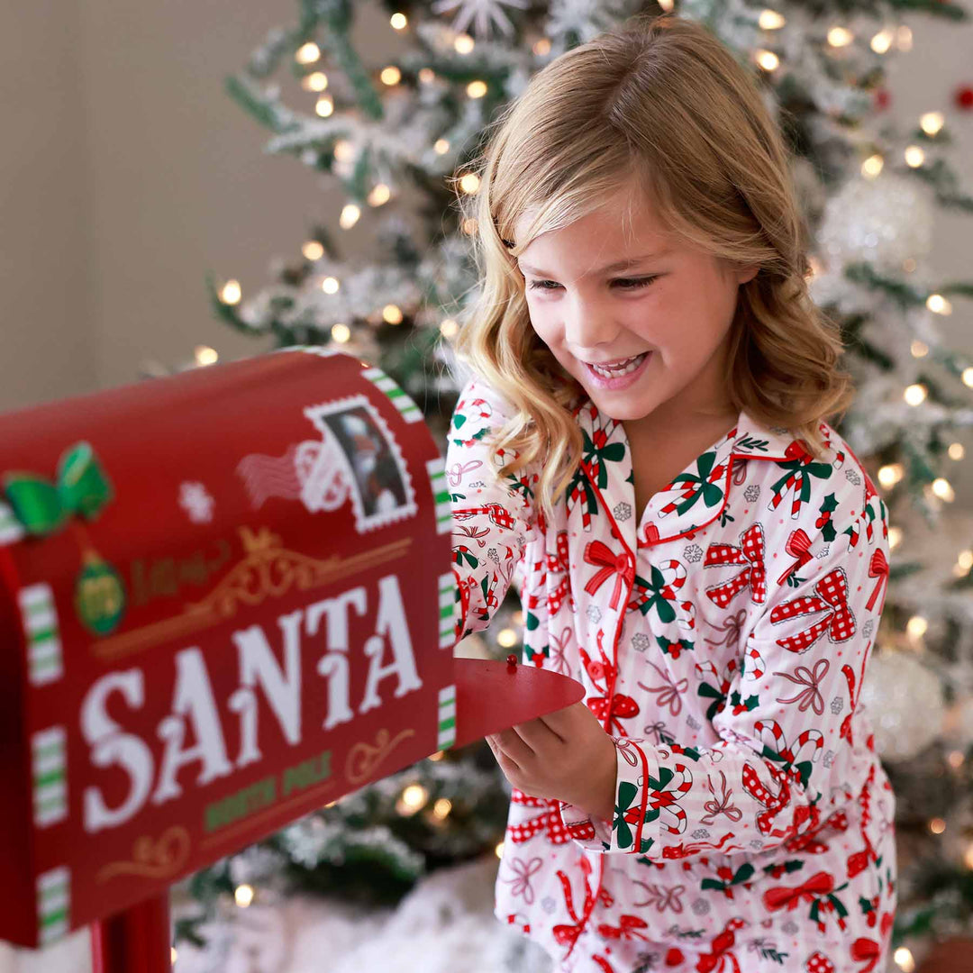 pink and red bow two piece flare lounge pajama set for girls christmas 