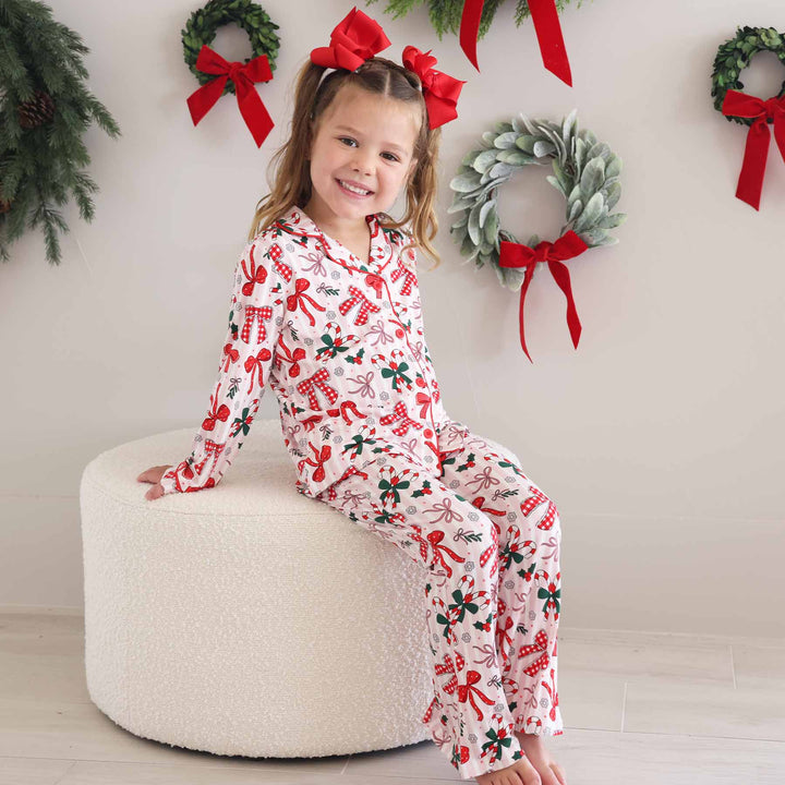 girly christmas bows flare two piece lounge set for girls bamboo viscose 