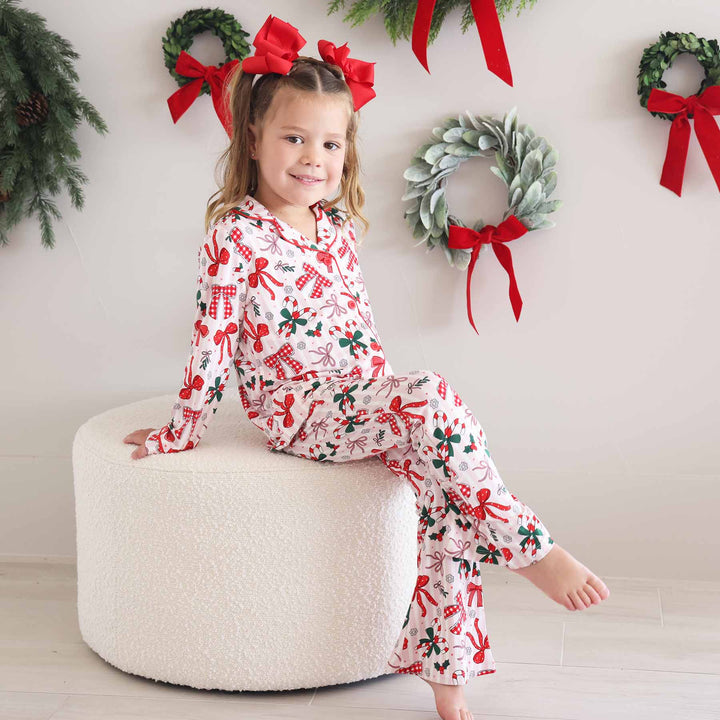 two piece christmas collared flare lounge set for girls bow what fun 