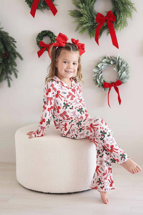 two piece christmas collared flare lounge set for girls bow what fun 