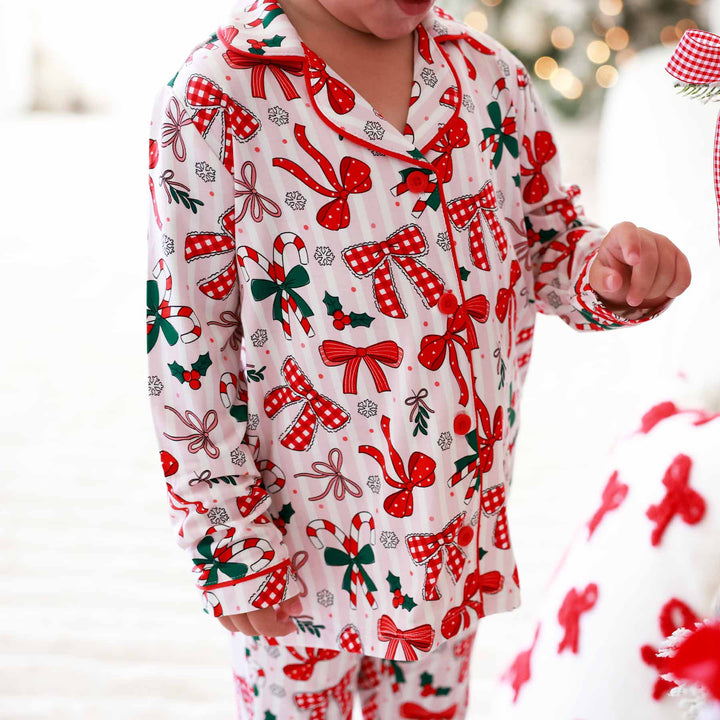 red bow, candy cane and holly berry bamboo viscose two piece flare lounge set for girls 