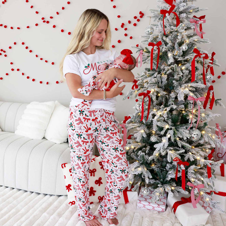 merry mama women's graphic tee with red bow family matching pajamas 