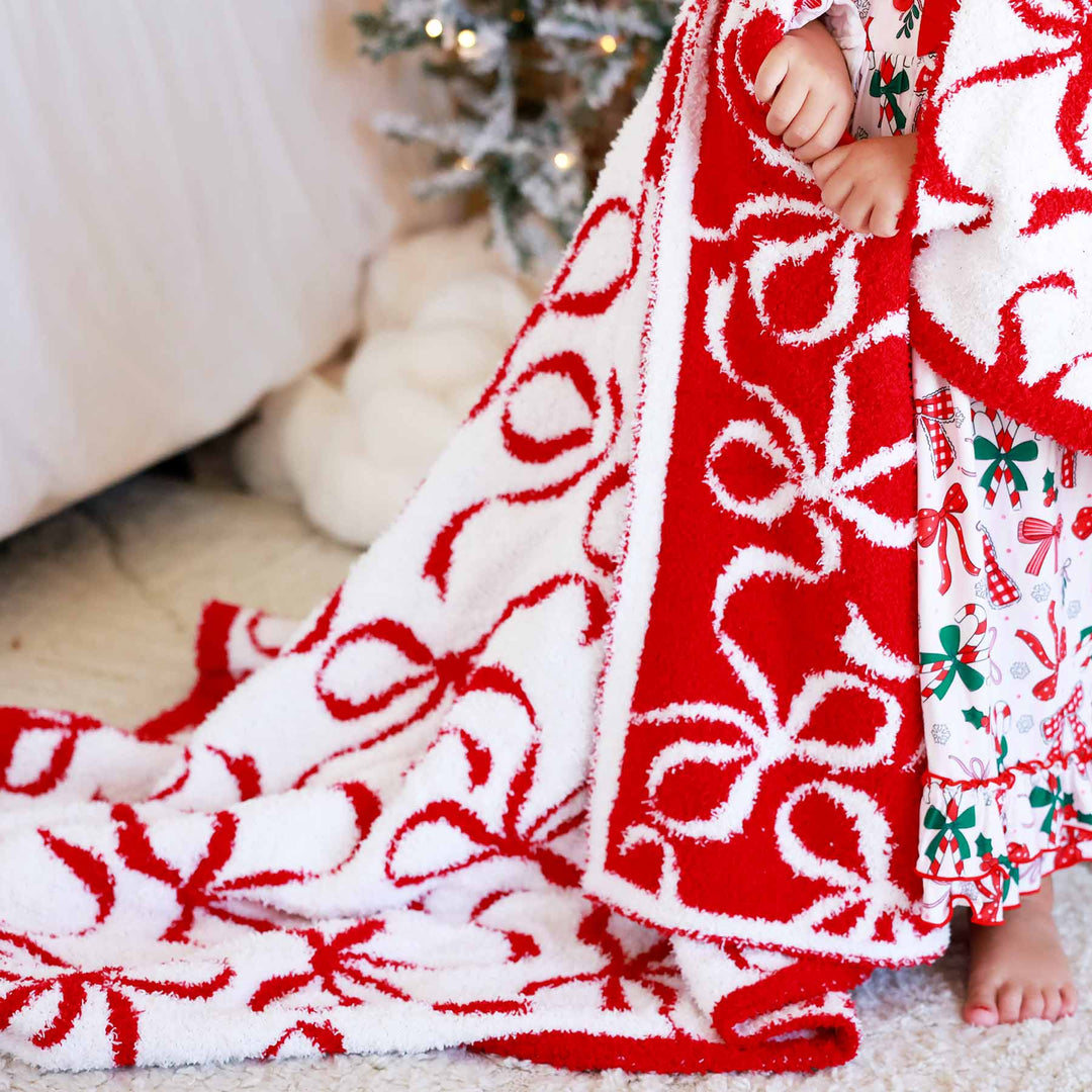 reversible bow microfiber christmas blanket for babies, kids and adults