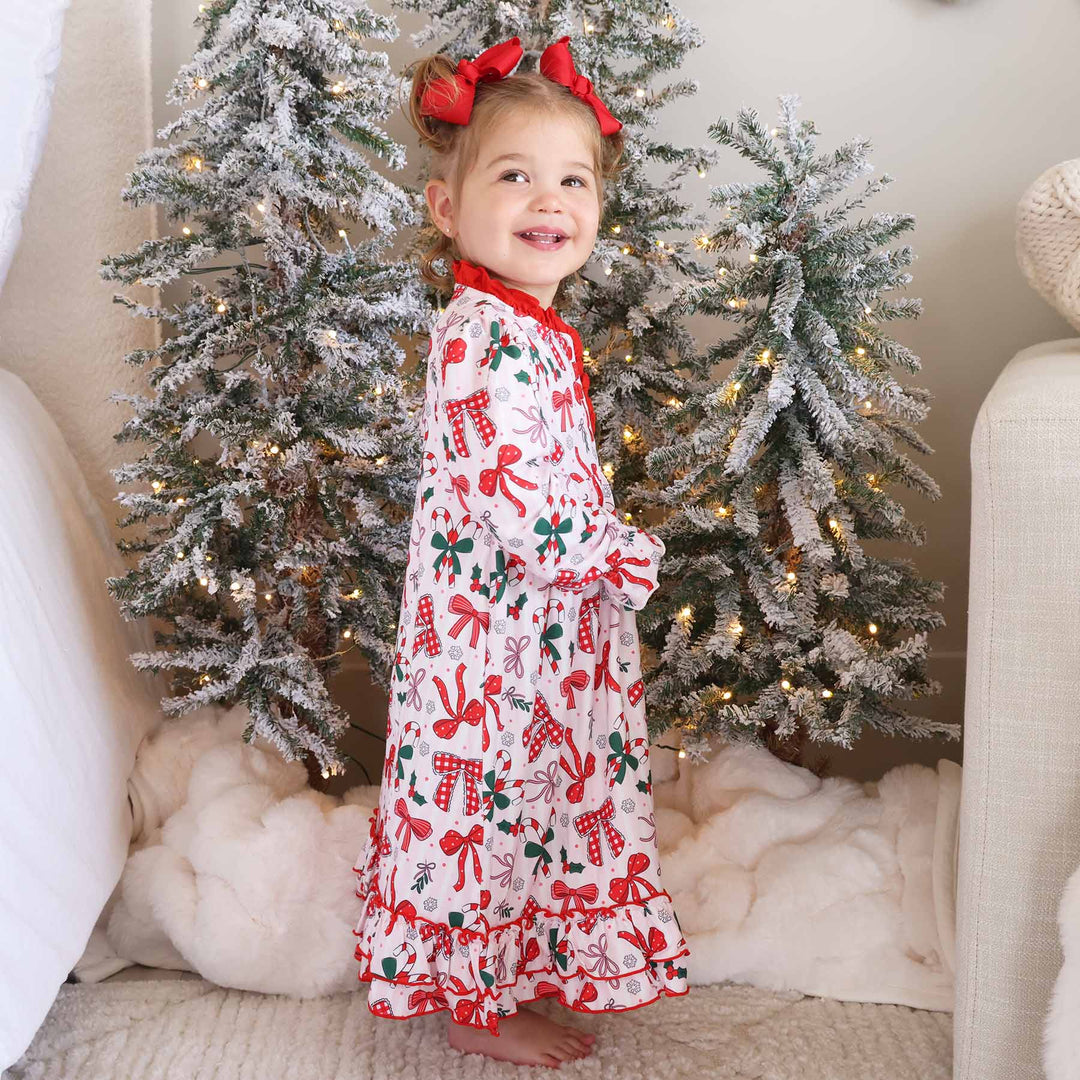 christmas bow nightgown for girls with long sleeves and ruffles