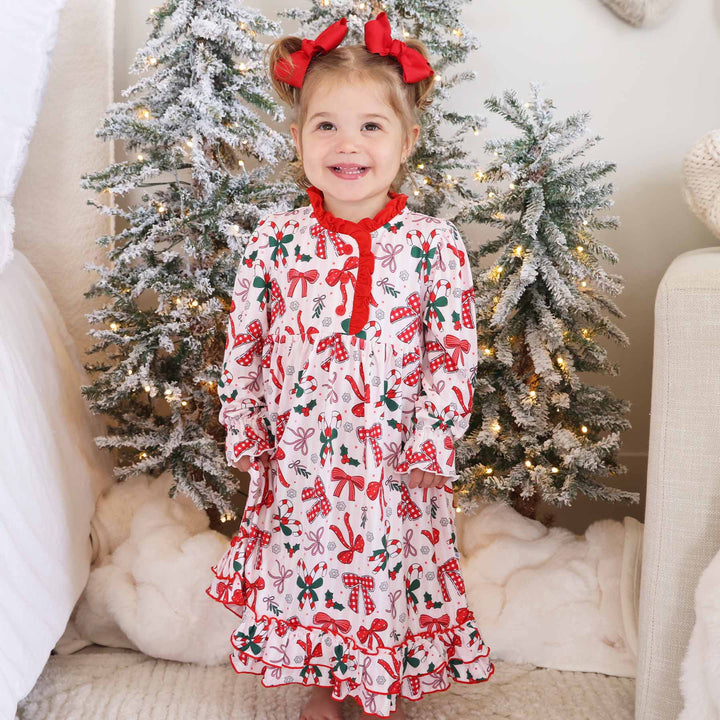 long sleeve ruffle bottom nightgown for girls with red bows 