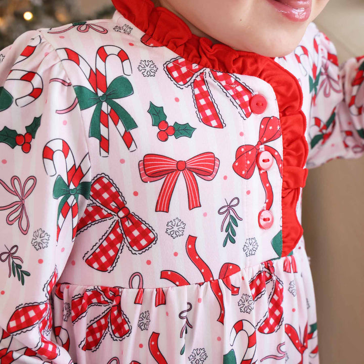 red bow and pink stripe long sleeve christmas nightgown for girls 