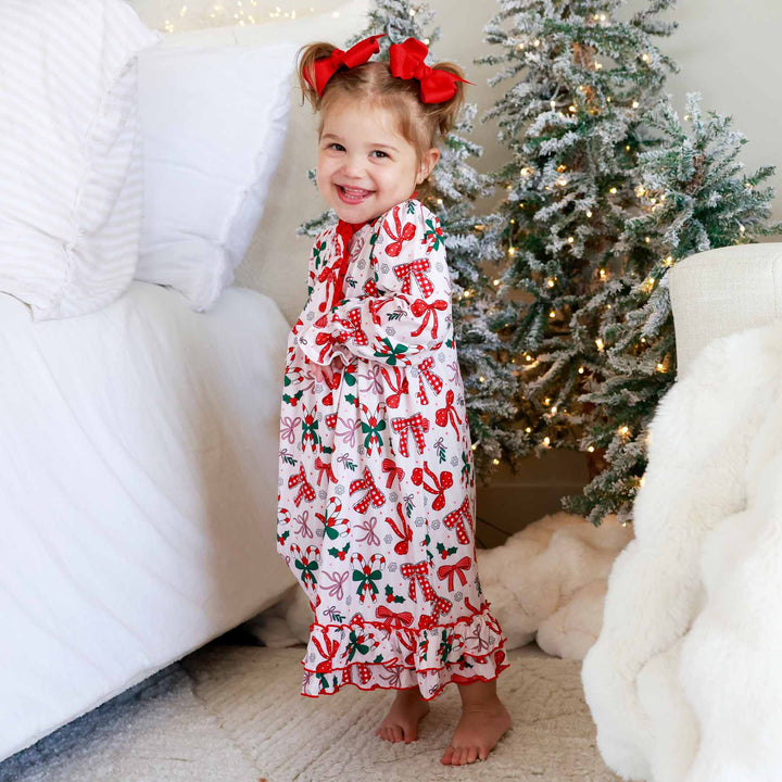 kids long sleeve christmas bow, candy cane and holly nightgown for girls 
