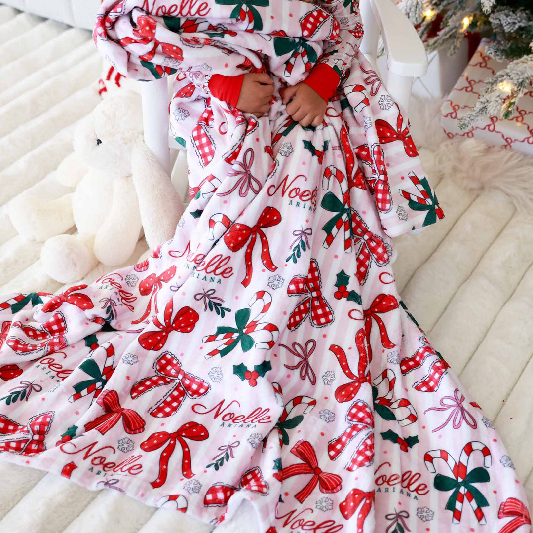 bow personalized blanket for kids christmas themed