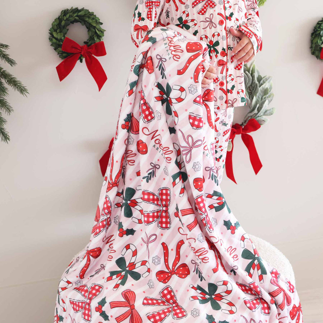 pink and white stripes personalized name blanket for girls bow christmas 