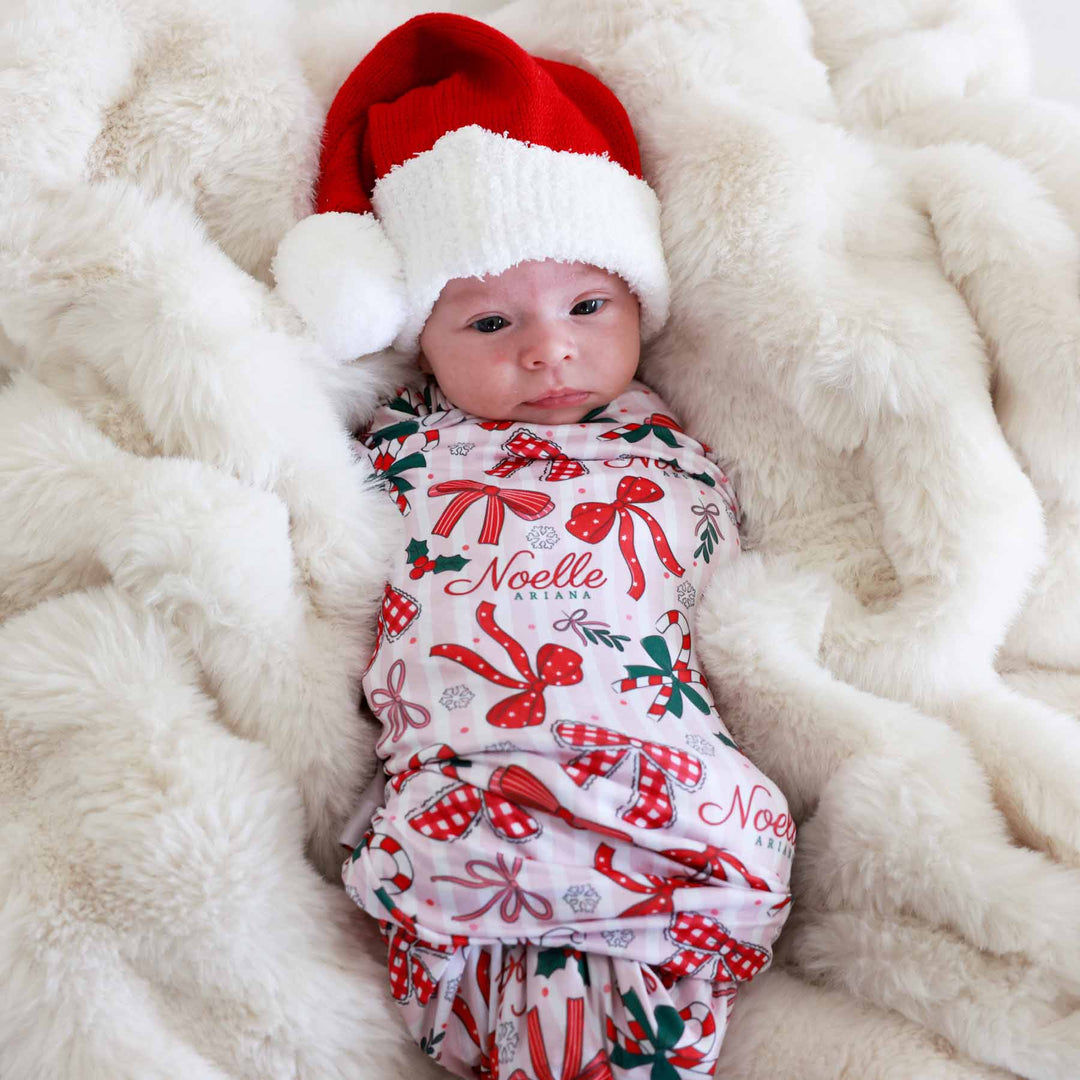 bow personalized swaddle blanket for christmas 