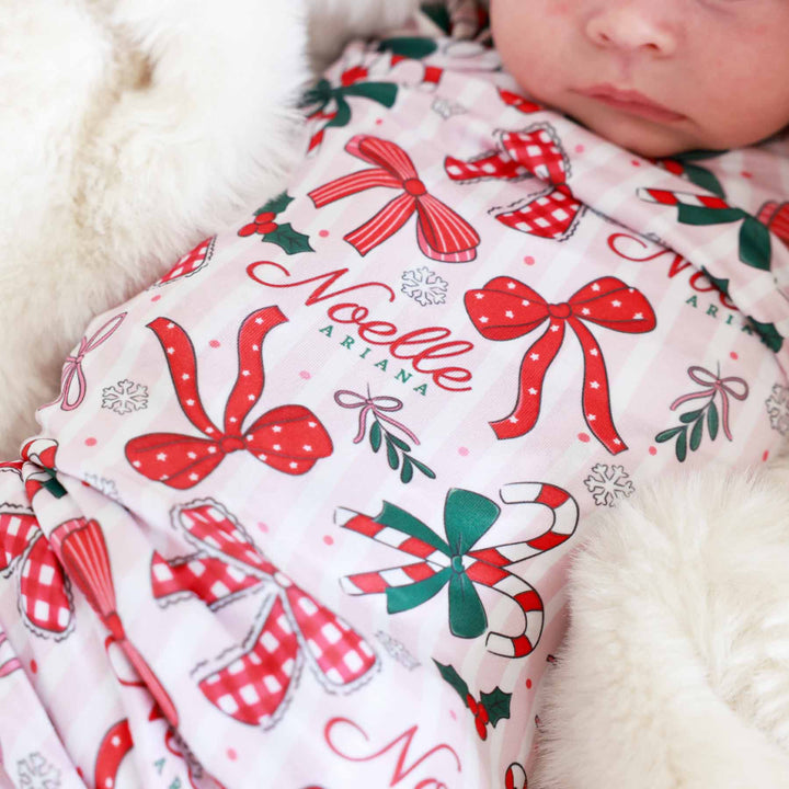 red christmas bow personalized newborn baby swaddle for girls 