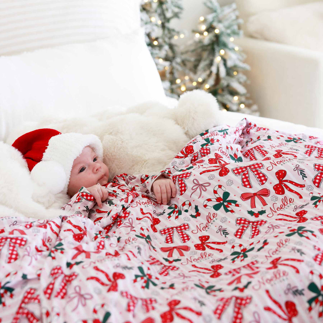 bow personalized baby name swaddle blanket for christmas 