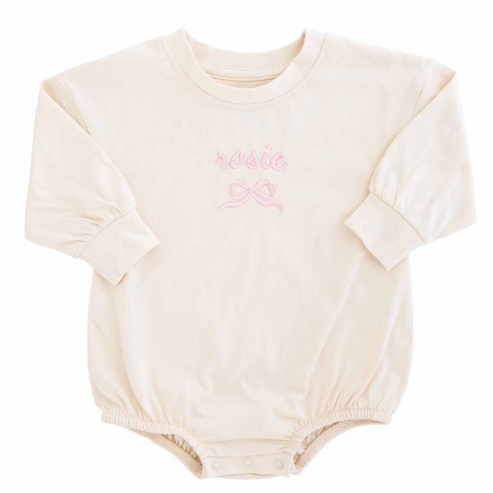 light pink name and bow long sleeve embroidered bubble romper for baby girls 