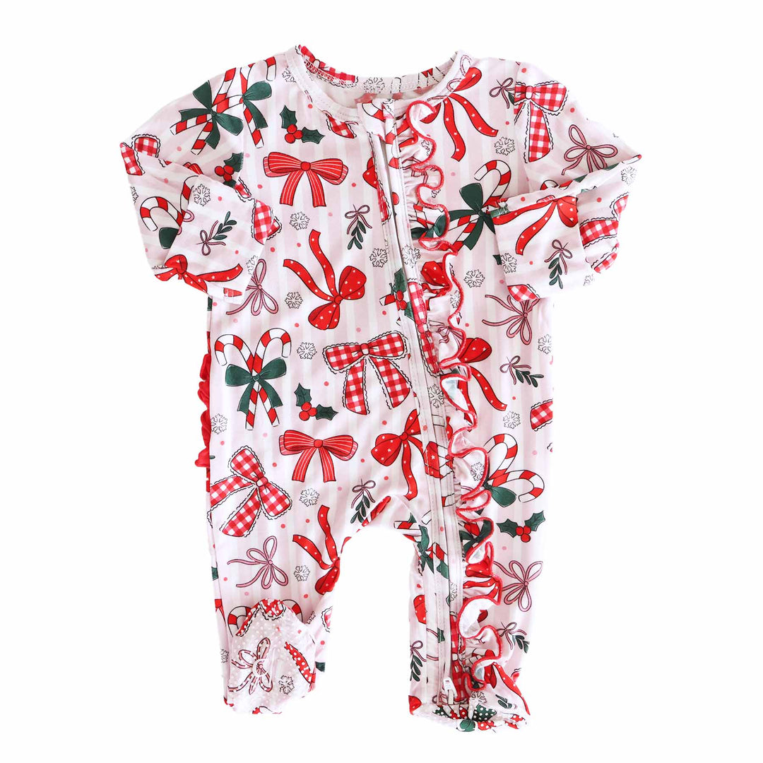 Bow What Fun Ruffle Zipper Footie flat lay