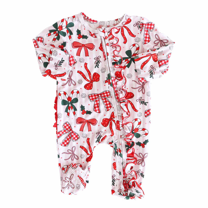 Bow What Fun Ruffle Zipper Footie flat lay