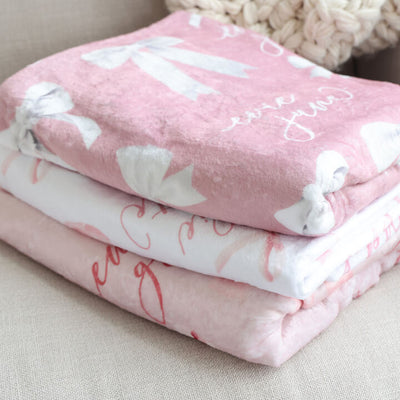 pink and white personalized bow blankets for girls 