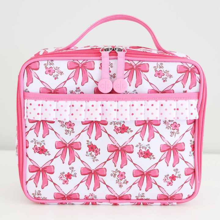hot pink bow, flower and polka dot ruffle trim lunchbox for girls 