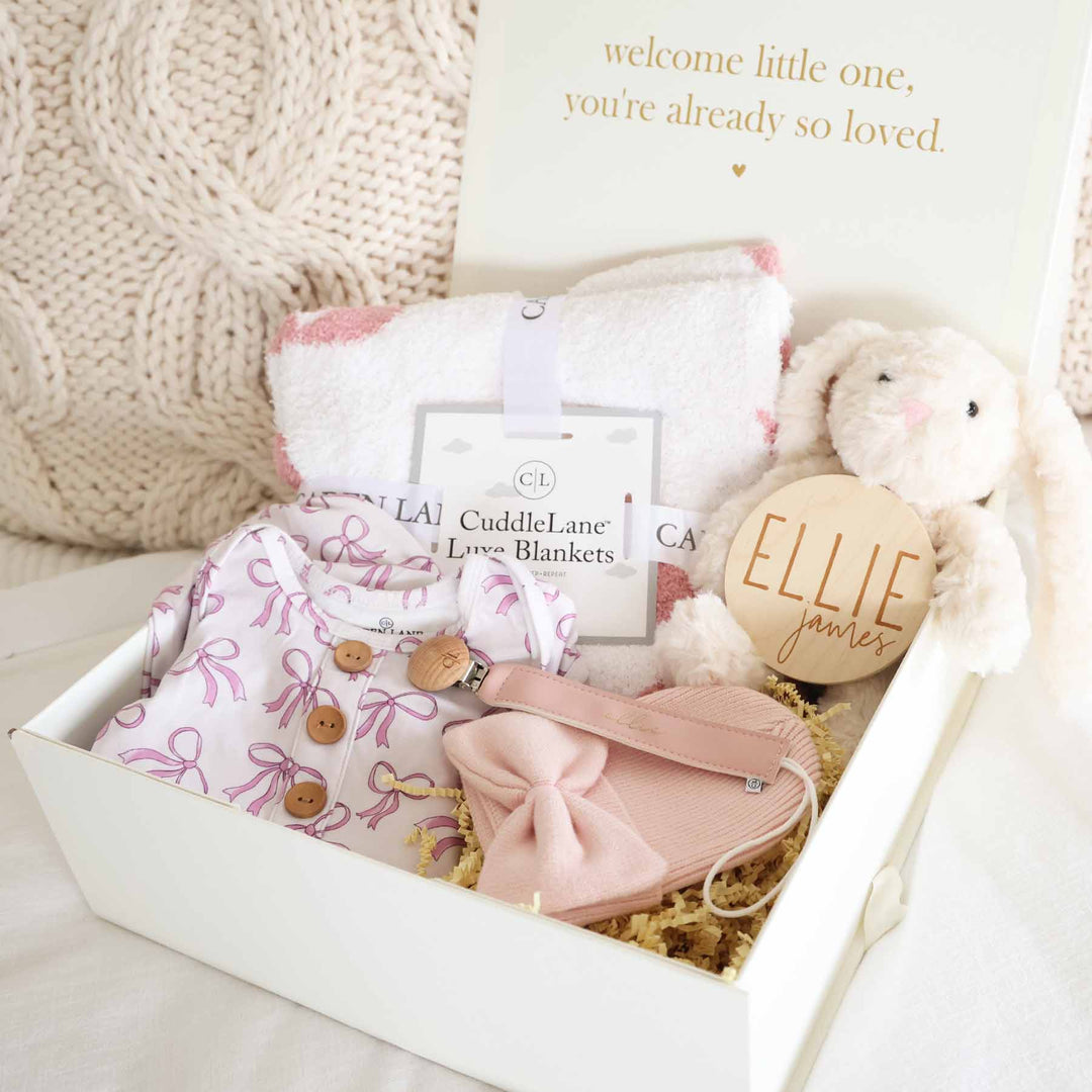 Standard - girly baby shower gift box for newborn girls bow themed