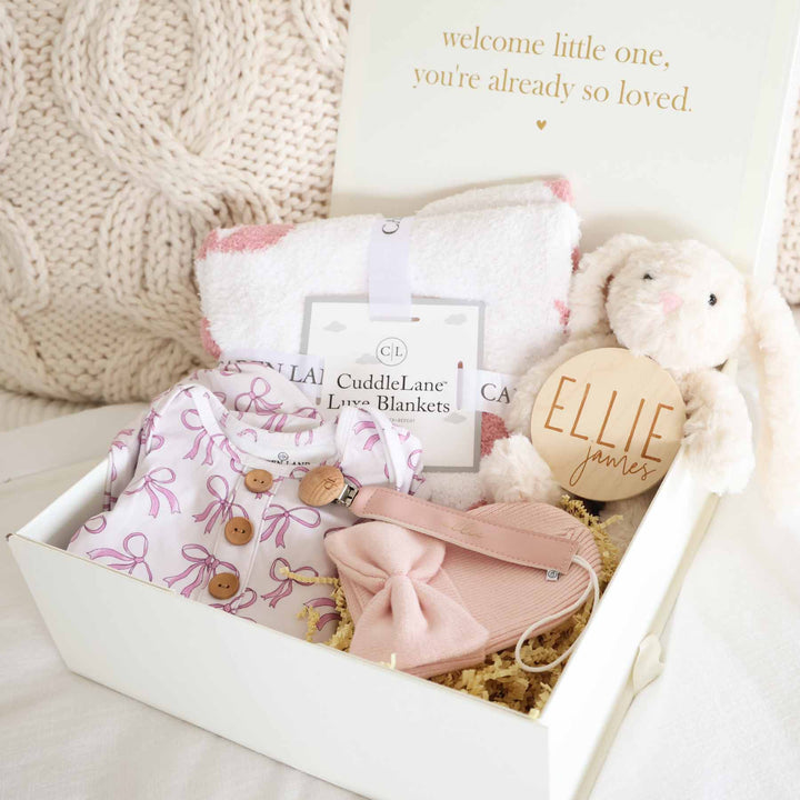 Standard - girly baby shower gift box for newborn girls bow themed